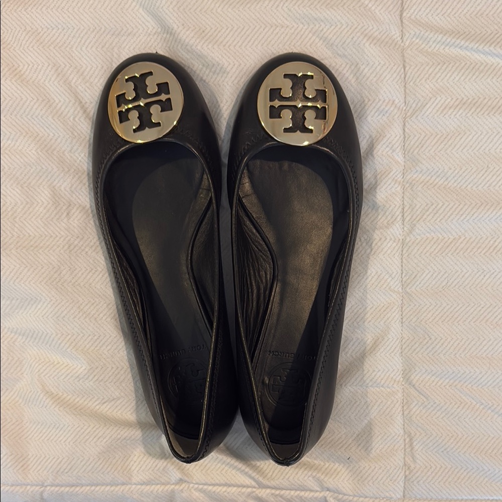 Tory Burch Black Flats with Gold Logo